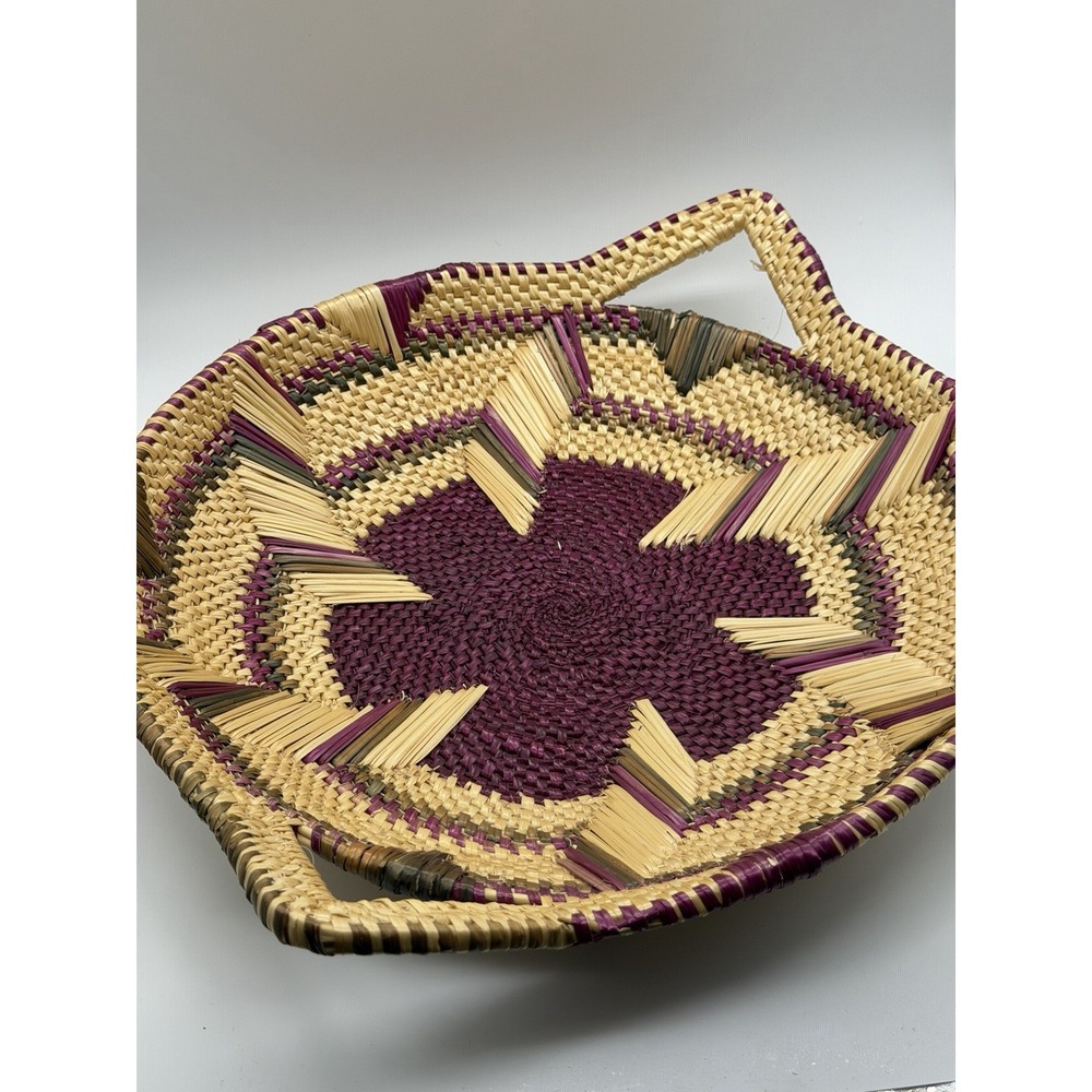 Handwoven African Wicker Basket Bowl Handles Boho Tribal Decor Purple & Green